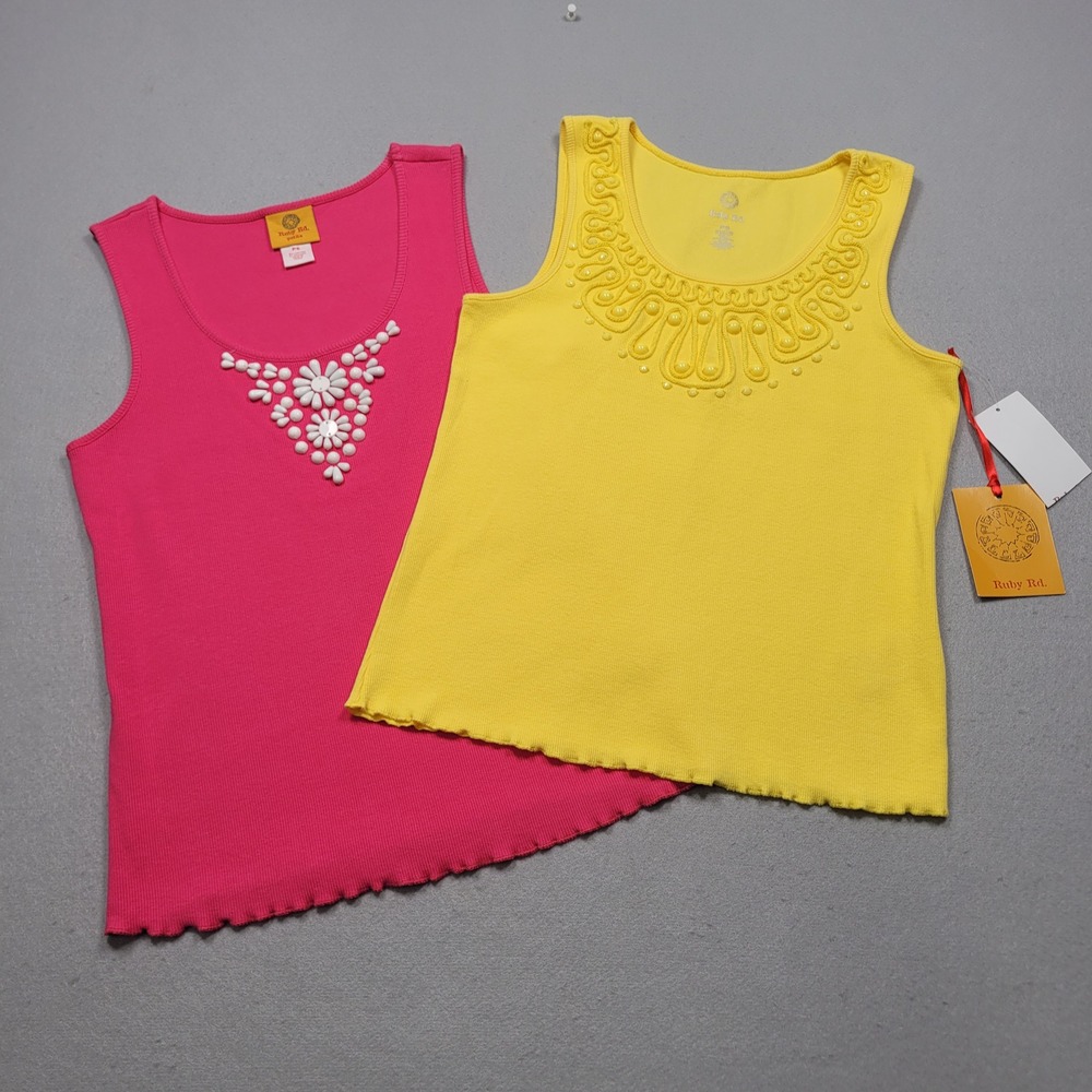 Ruby Rd Petite Ribbed Tank Top 2 Piece Set Pink Yellow Embellished PS